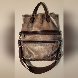 FOSSIL Large Gold Metallic Women's Crossbody Satchel Bag